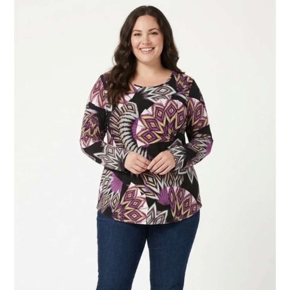 Cubism size XL Purple Black Abstract Crew Neck Stretch‎ Long Sleeve Blouse